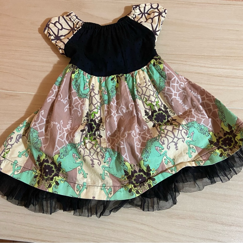 Maisonnette Unicorn Print Toddler Dress Lace Hem Color Block Equestrian Boho